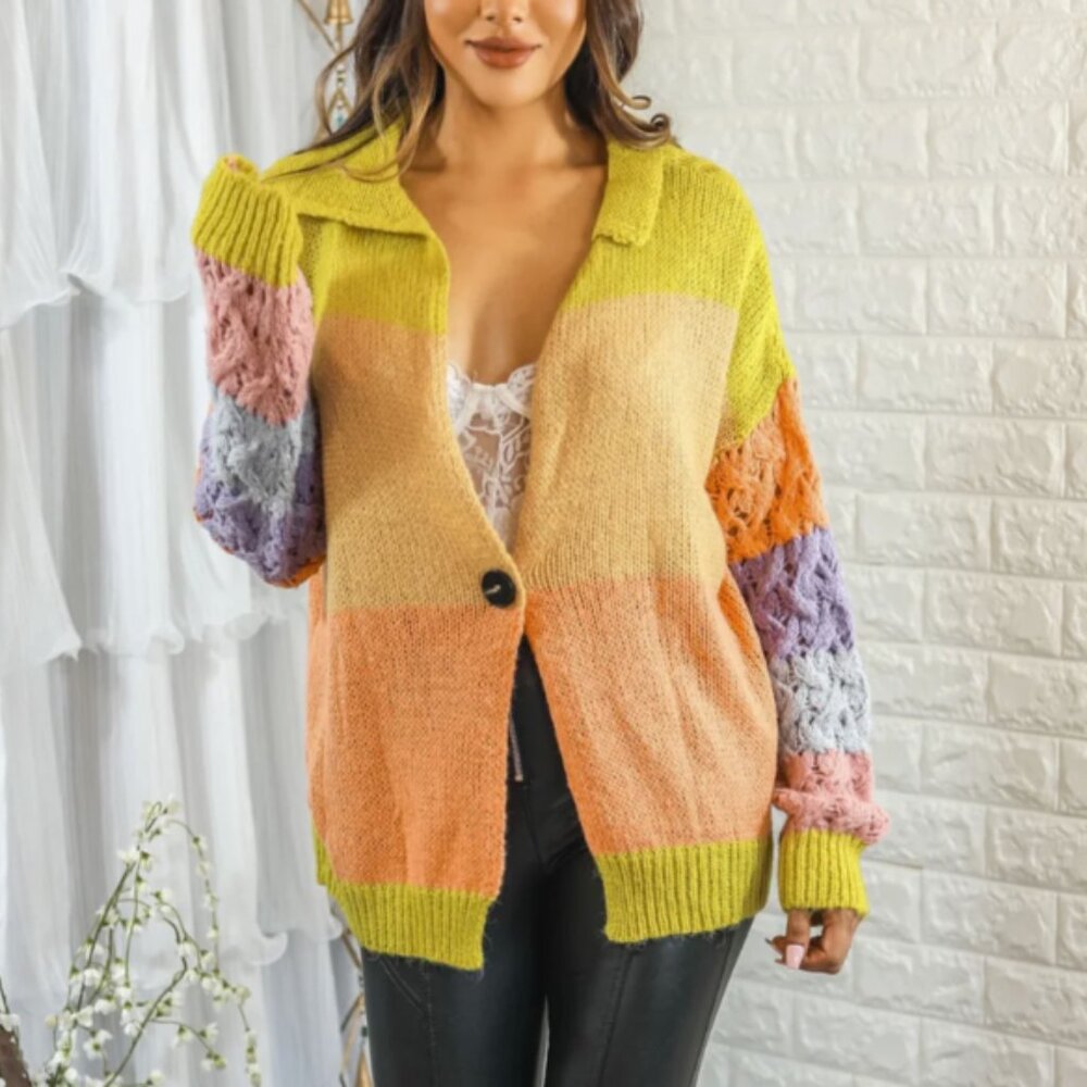 NEW Storia Color‎ Block Wool Mohair Blend One Button Cardigan Medium